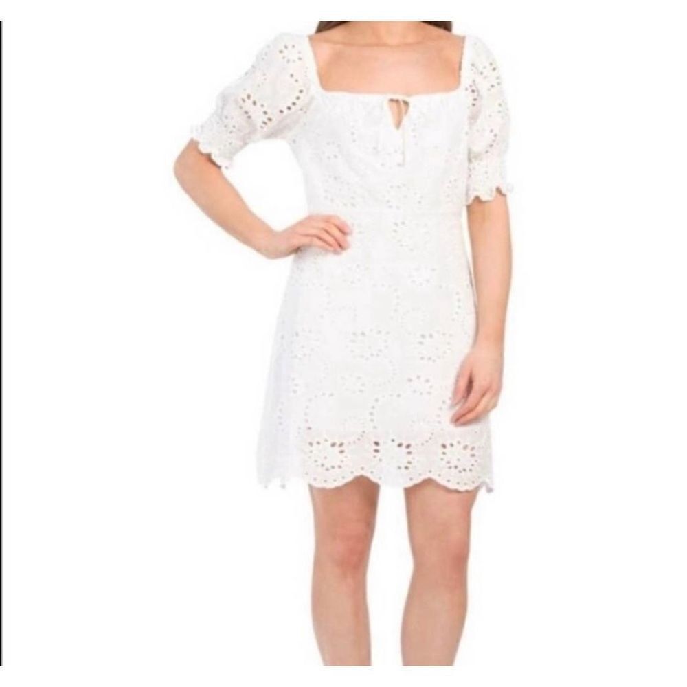 7‎ For All Mankind White Eyelet Dress Square Neck Puff Sleeve Size L Milkmaid